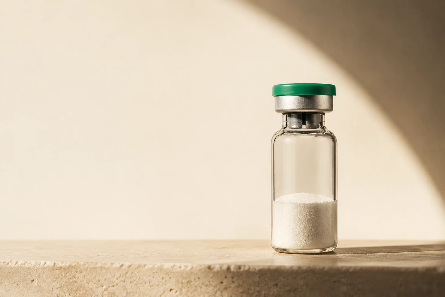 Studio illustration of a glass research vial with a green cap on a warm ivory background.