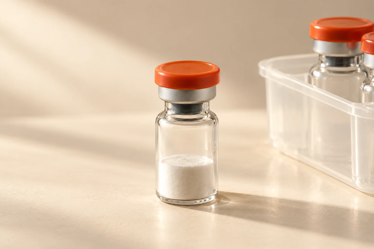 Studio-edited view based on our photograph: an orange-capped glass vial beside its open clear case.